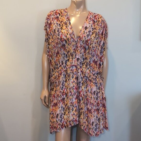 Iro Plum Sleeveless Mini Dress Watercolor Flowy Drawstring Vneck US Size 10 - Picture 3 of 16